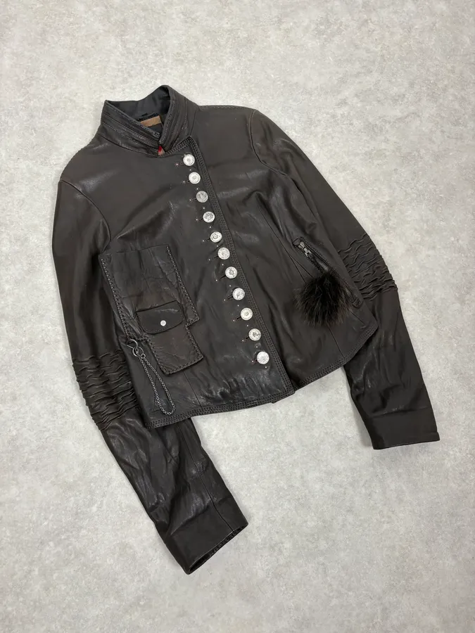 SS2003 Marithé + François Girbaud Brown Asymmetrical Buttoned Leather Jacket - Image 4