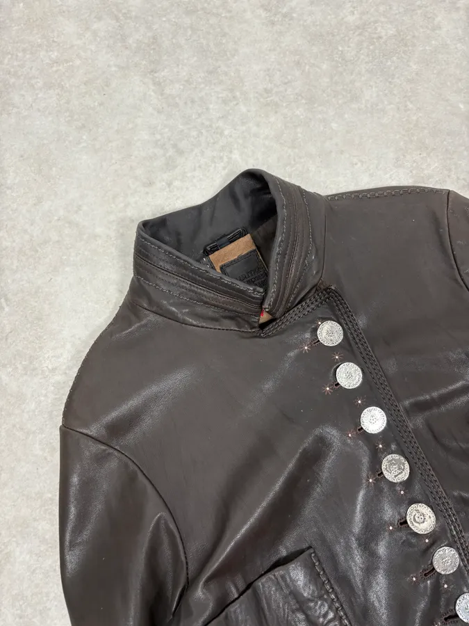 SS2003 Marithé + François Girbaud Brown Asymmetrical Buttoned Leather Jacket - Image 5