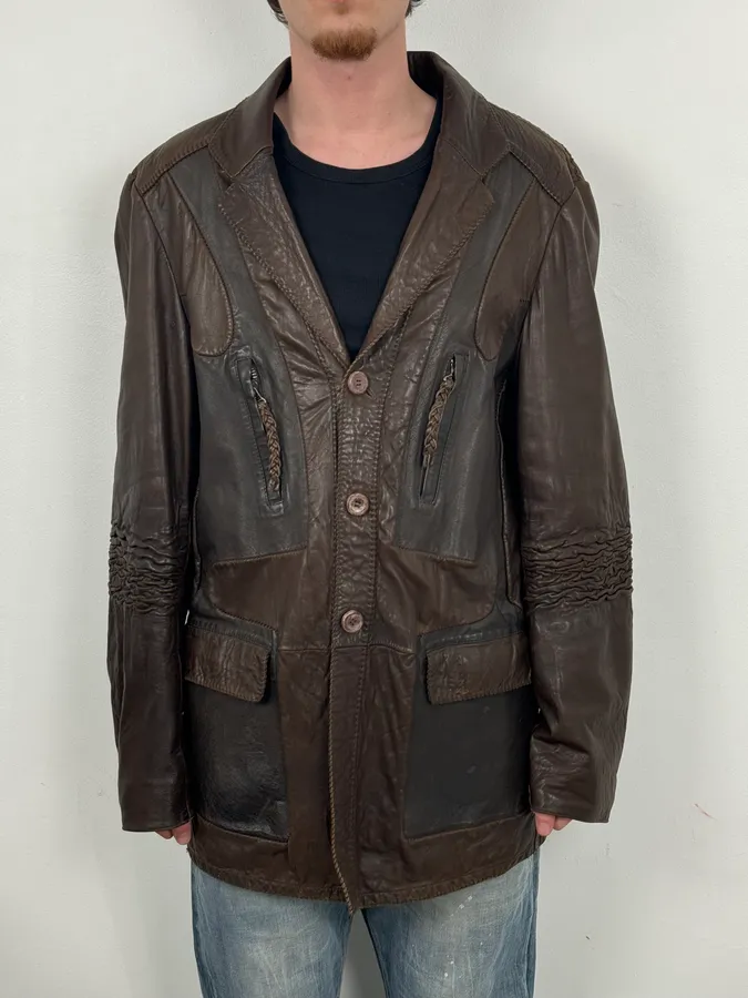 SS2003 Marithé + François Girbaud Brown Leather Plissed Blazer Jacket - Image 3
