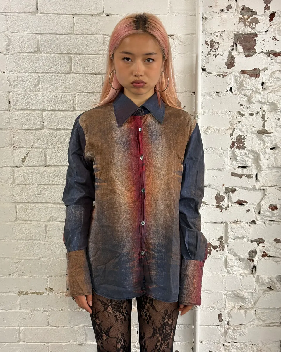 SS2004 Cavalli Bordeaux & Blue Sunset Faded Shirt - Image 2