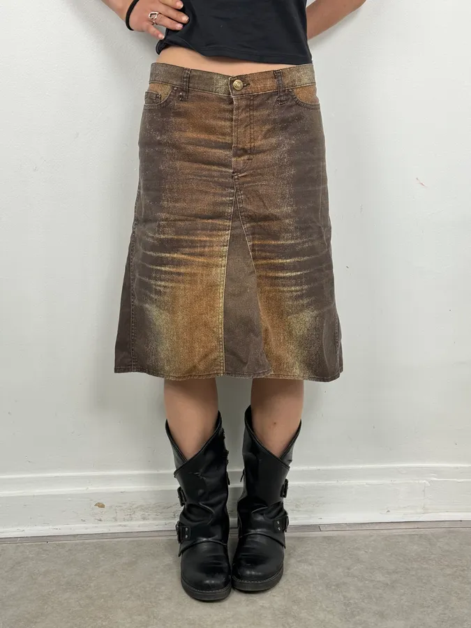 SS2004 Cavalli Brown Denim Metallic Skirt