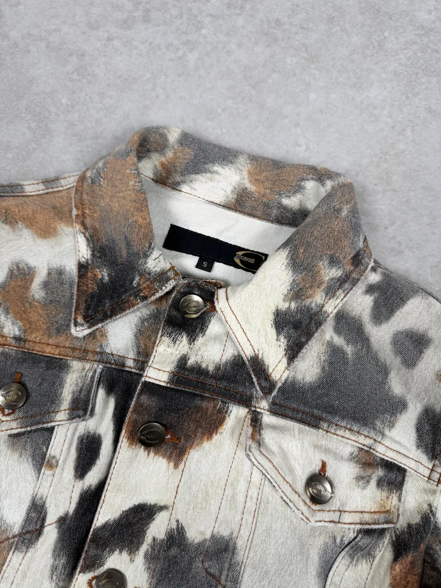 SS2004 Cavalli Cow Print Movement Beige Trucker Jacket - Image 6
