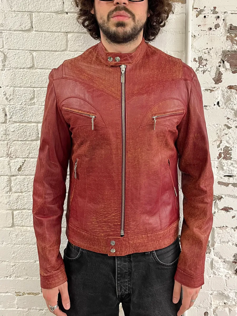 SS2004 Cavalli Red Magma Faded Biker Leather Jacket - Image 2