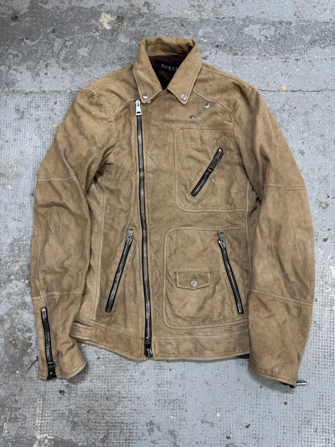 SS2004 Gucci Asymmetrical Multi Zips Biker Beige Suede Leather Jacket - Image 3