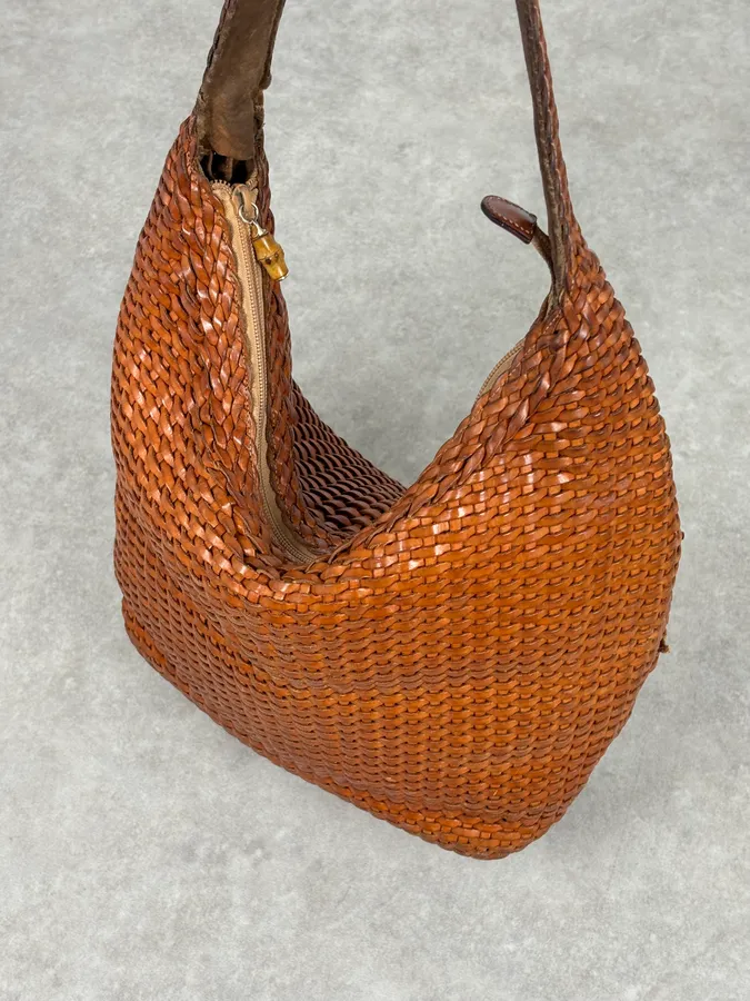 SS2004 Gucci Cognac Woven Leather Bamboo Handle Hobo Bag by Tom Ford - Image 11