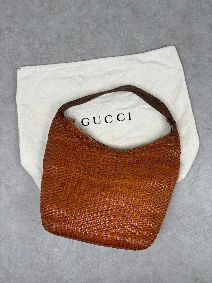 SS2004 Gucci Cognac Woven Leather Bamboo Handle Hobo Bag by Tom Ford - Image 3
