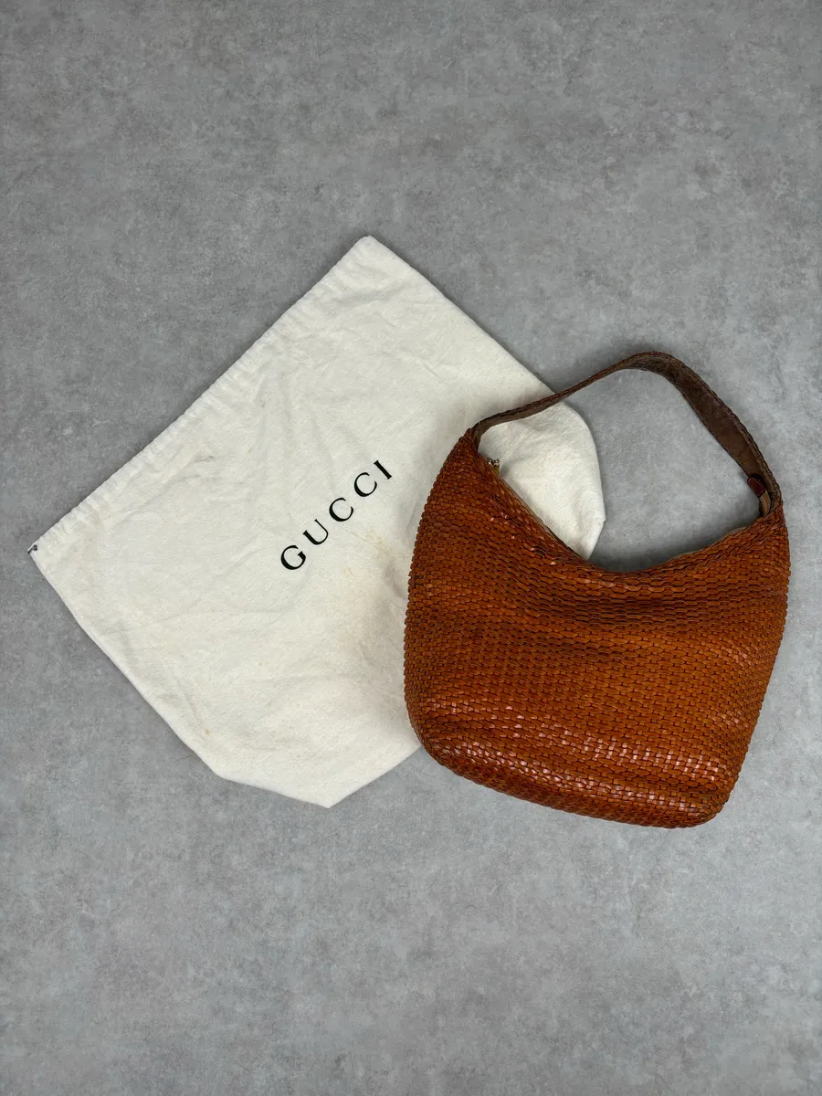 SS2004 Gucci Cognac Woven Leather Bamboo Handle Hobo Bag by Tom Ford - Image 4
