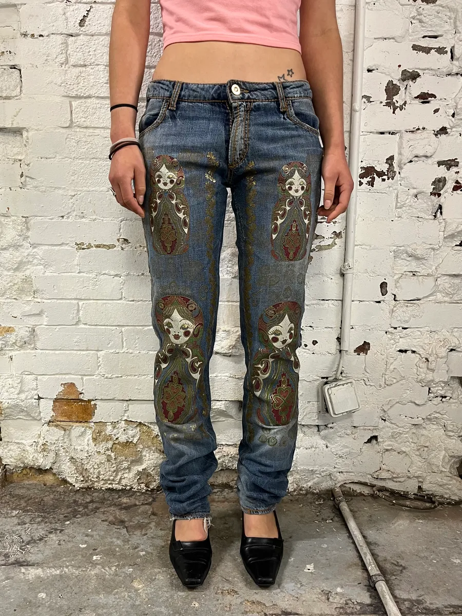 SS2005 Cavalli Blue Embroidered Distressed Denim Jeans