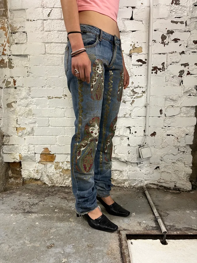 SS2005 Cavalli Blue Embroidered Distressed Denim Jeans - Image 2