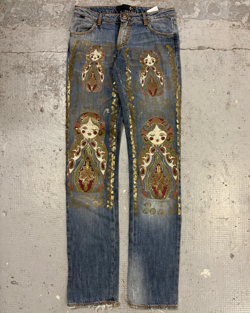 SS2005 Cavalli Blue Embroidered Distressed Denim Jeans - Image 4
