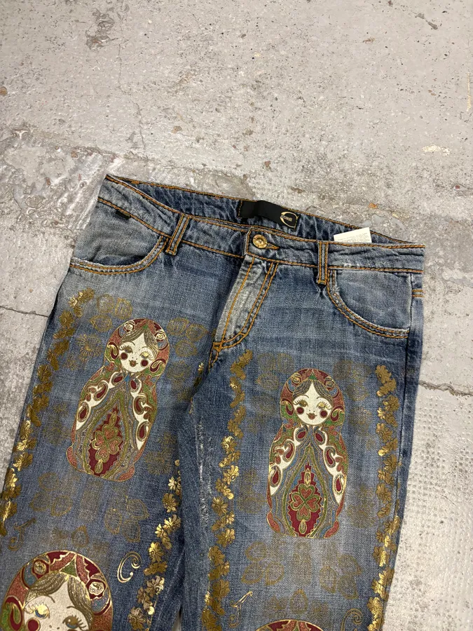 SS2005 Cavalli Blue Embroidered Distressed Denim Jeans - Image 5