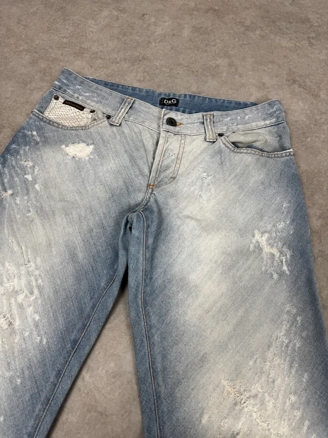 SS2005 Dolce & Gabbana Blue Denim White Snakeskin Rebel Jeans - Image 6