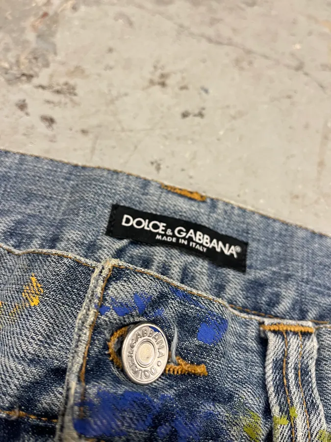 SS2005 Dolce & Gabbana Blue Distressed Painted Rebel Denim Jeans - Image 5