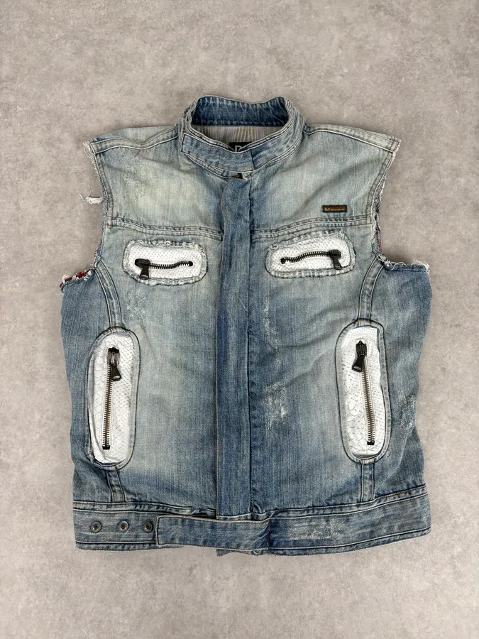 SS2005 Dolce & Gabbana Blue & White Snakeskin Effect Denim Vest Jacket