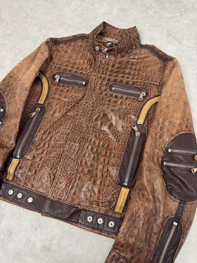 SS2005 Dolce & Gabbana Brown Crocodile Effect Leather Biker Jacket - Image 3