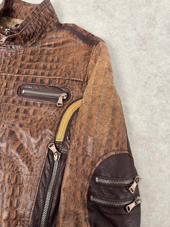 SS2005 Dolce & Gabbana Brown Crocodile Effect Leather Biker Jacket - Image 5