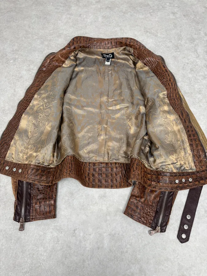 SS2005 Dolce & Gabbana Brown Crocodile Effect Leather Biker Jacket - Image 6