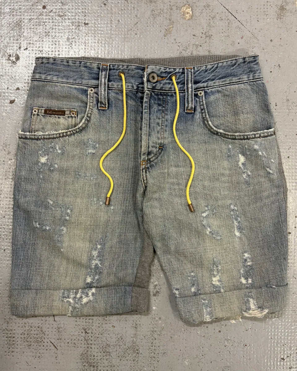 SS2005 Dolce & Gabbana Grey Equator Denim Distressed Shorts - Image 3