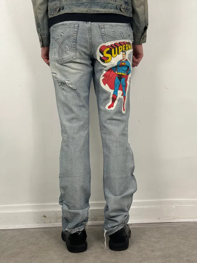 SS2005 Dolce & Gabbana Light Blue Denim Distressed Superman Jeans - Image 6