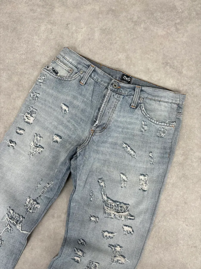 SS2005 Dolce & Gabbana Light Blue Denim Distressed Superman Jeans - Image 7
