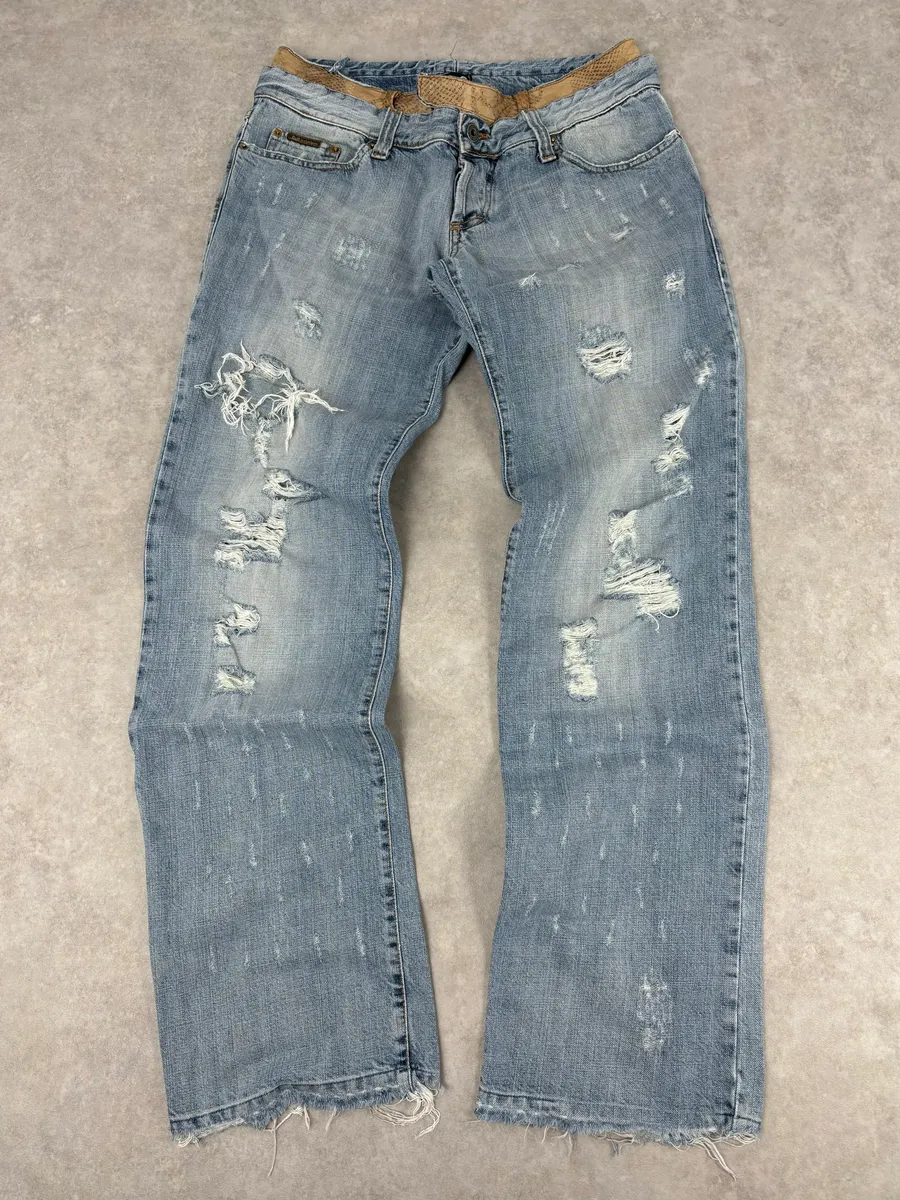 SS2005 Dolce & Gabbana Snakeskin Waisted Blue Denim Distressed Jeans