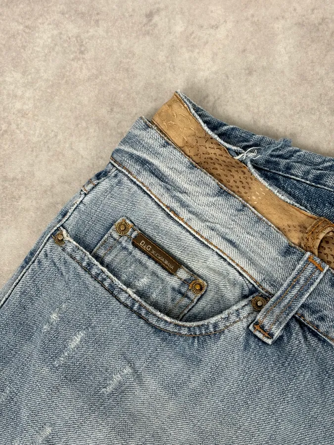 SS2005 Dolce & Gabbana Snakeskin Waisted Blue Denim Distressed Jeans - Image 10