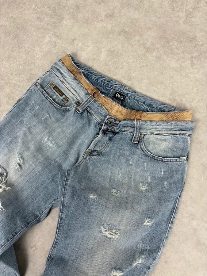 SS2005 Dolce & Gabbana Snakeskin Waisted Blue Denim Distressed Jeans - Image 5