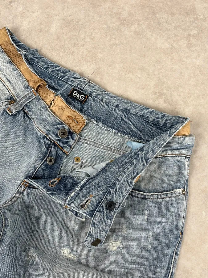 SS2005 Dolce & Gabbana Snakeskin Waisted Blue Denim Distressed Jeans - Image 9