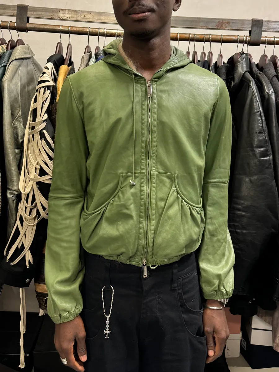 SS2005 Emporio Armani Green Leather Hooded Jacket - Image 3