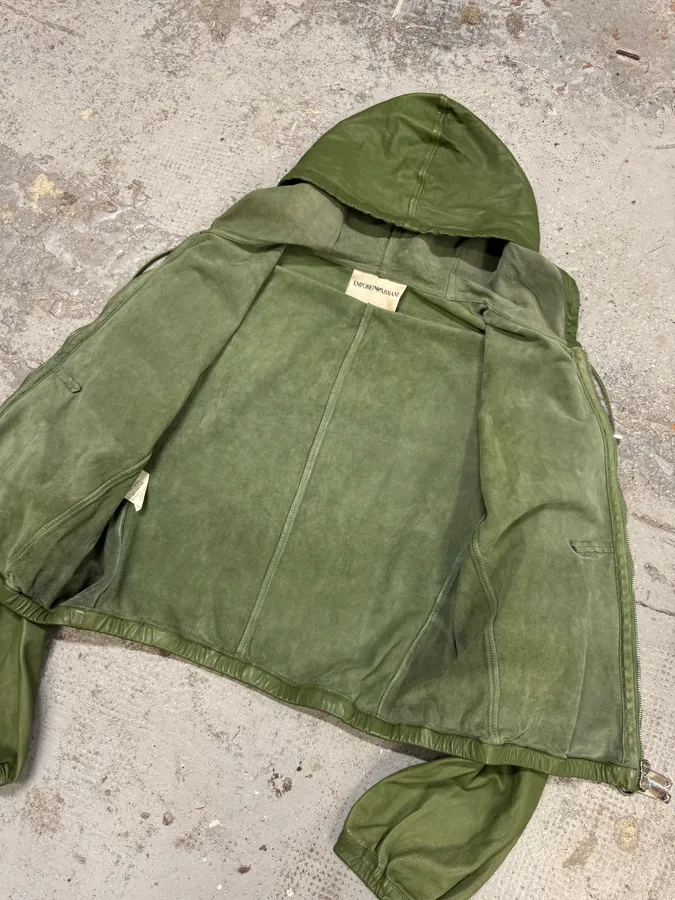 SS2005 Emporio Armani Green Leather Hooded Jacket - Image 6