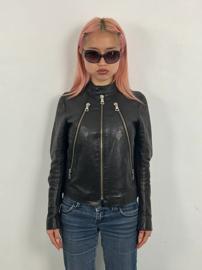 SS2005 Maison Martin Margiela Black 5 Zip Biker Leather Jacket - Image 2