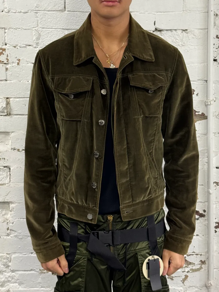 SS2005 Yves Saint Laurent Khaki Velvet Trucker Jacket - Image 2