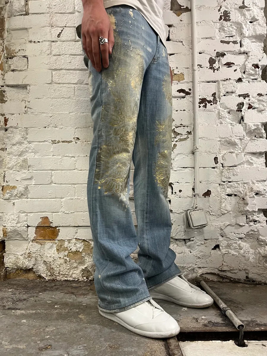 SS2006 Cavalli Gold Embellished Light Blue Distressed Jeans - Image 3