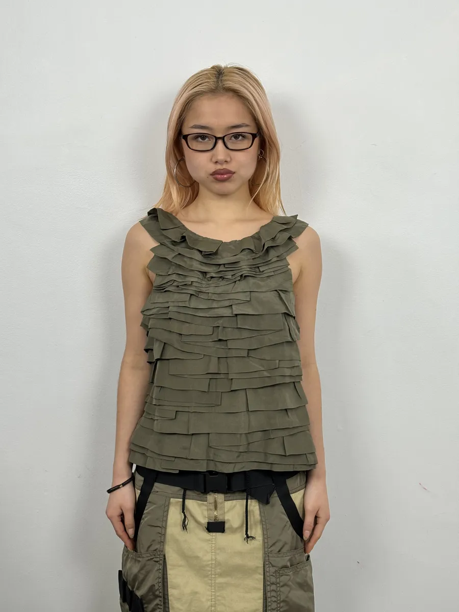 SS2006 Chloé Khaki Green Relief Silk Tank Top