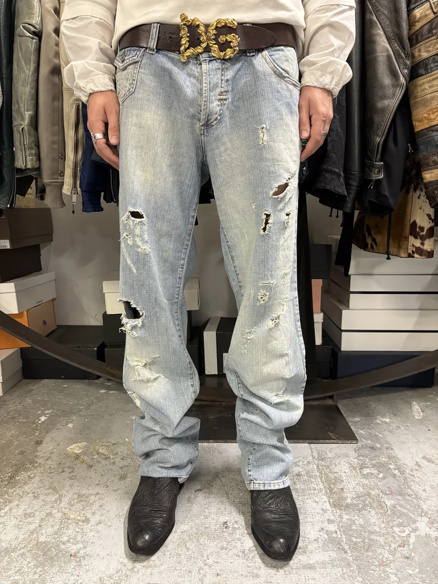 SS2006 Dolce & Gabbana Blue Distressed Denim Jeans - Image 3