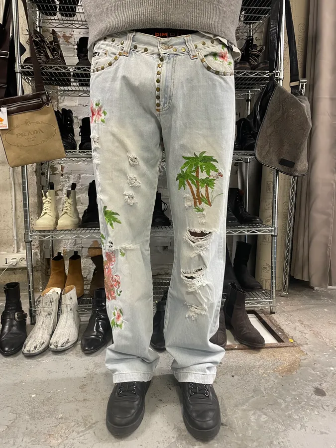 SS2006 Dolce & Gabbana Embroidered Honolulu Blue Distressed Jeans