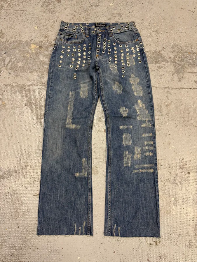 SS2006 Dolce & Gabbana Eyelet Distressed Blue Denim Jeans