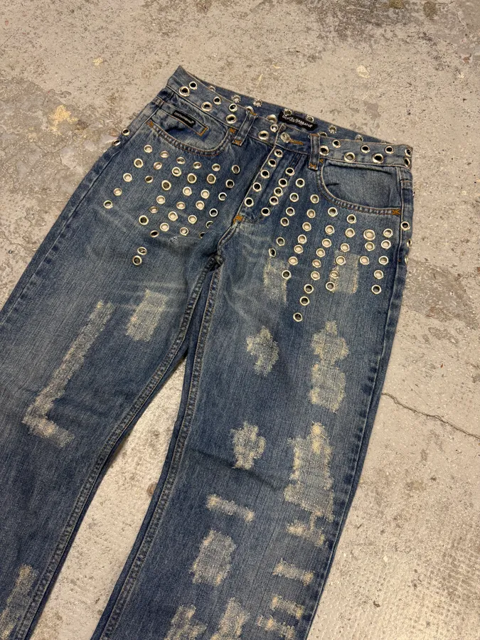 SS2006 Dolce & Gabbana Eyelet Distressed Blue Denim Jeans - Image 3