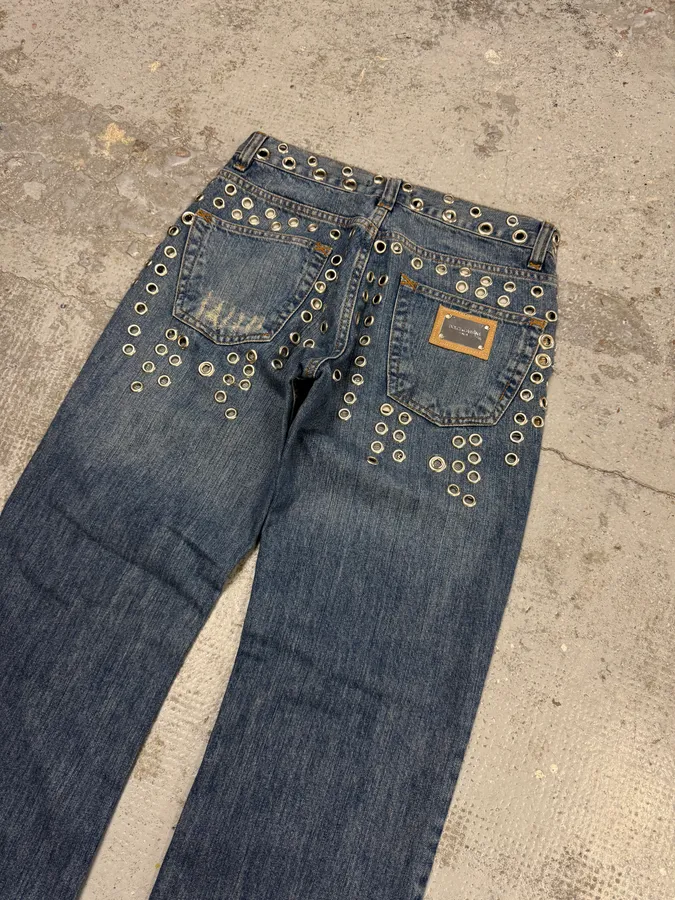 SS2006 Dolce & Gabbana Eyelet Distressed Blue Denim Jeans - Image 5