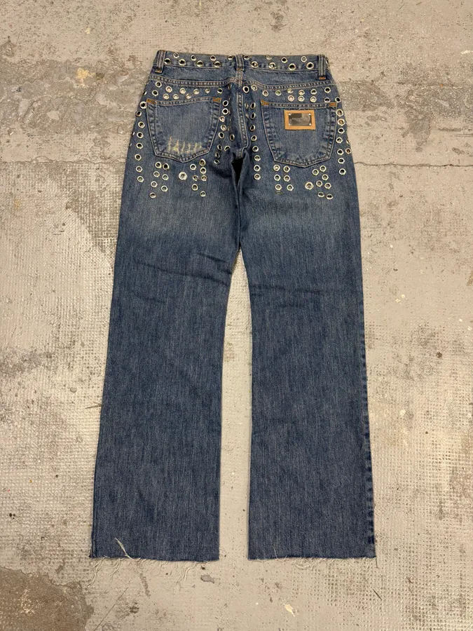 SS2006 Dolce & Gabbana Eyelet Distressed Blue Denim Jeans - Image 6