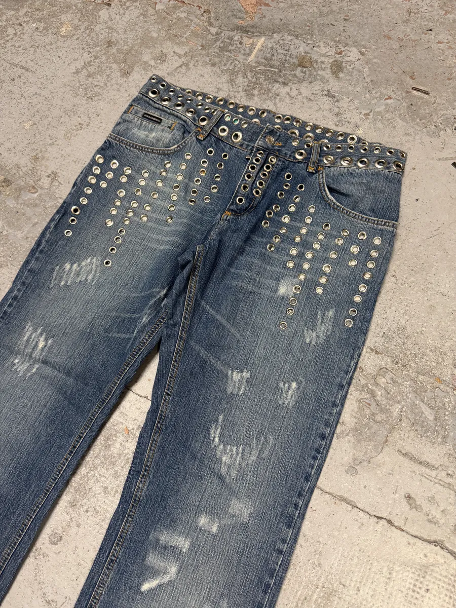 SS2006 Dolce & Gabbana Eyelet Distressed Blue Denim Jeans - Image 11
