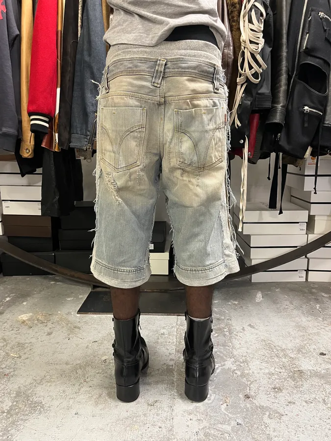 SS2006 Dolce & Gabbana Grey & Blue Hybrid Distressed Denim Shorts - Image 4