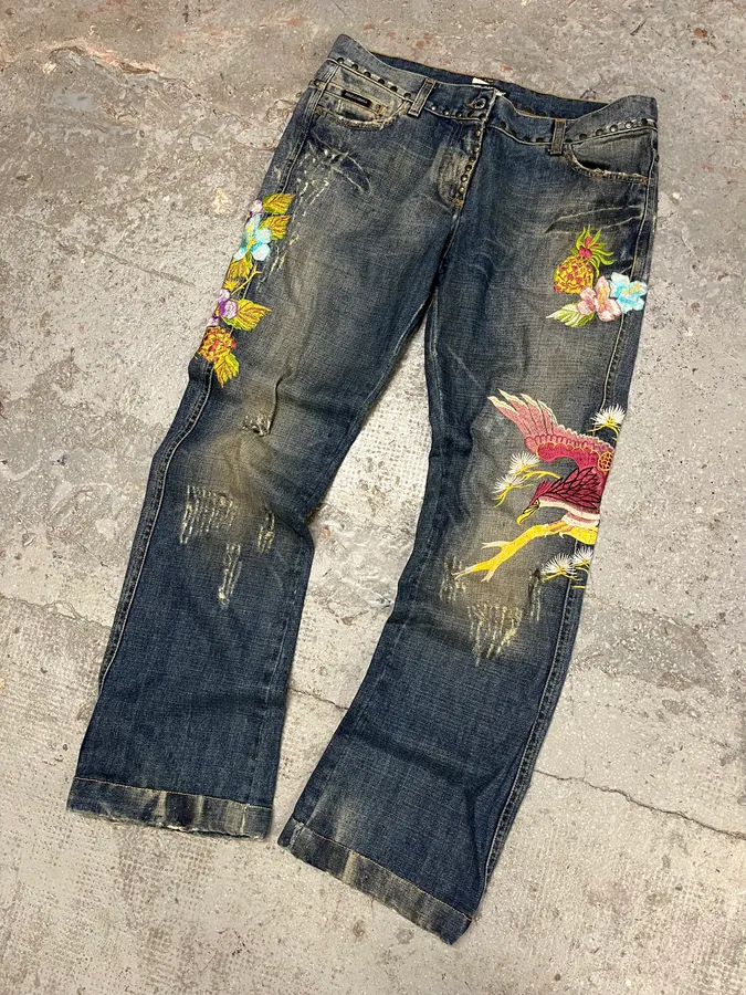 SS2006 Dolce & Gabbana Hawaii Embroidered Blue Denim Jeans - Image 5