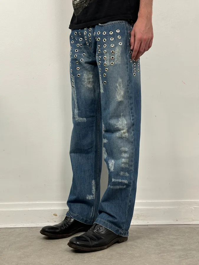 SS2006 Dolce & Gabbana Navy Denim Eyelet Distressed Jeans - Image 4