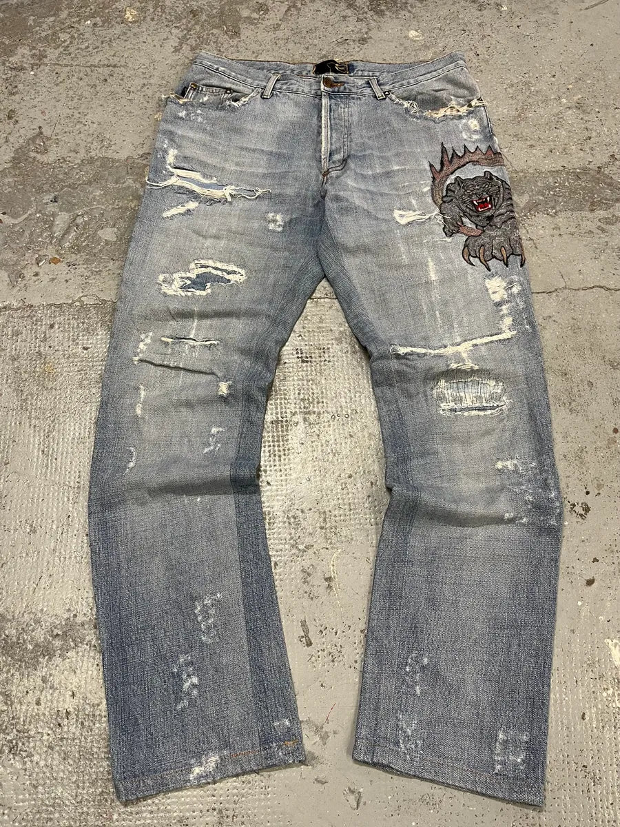 SS2007 Cavalli Blue Distressed Tiger Denim Jeans