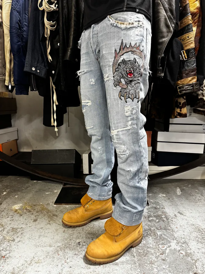 SS2007 Cavalli Blue Distressed Tiger Denim Jeans - Image 2