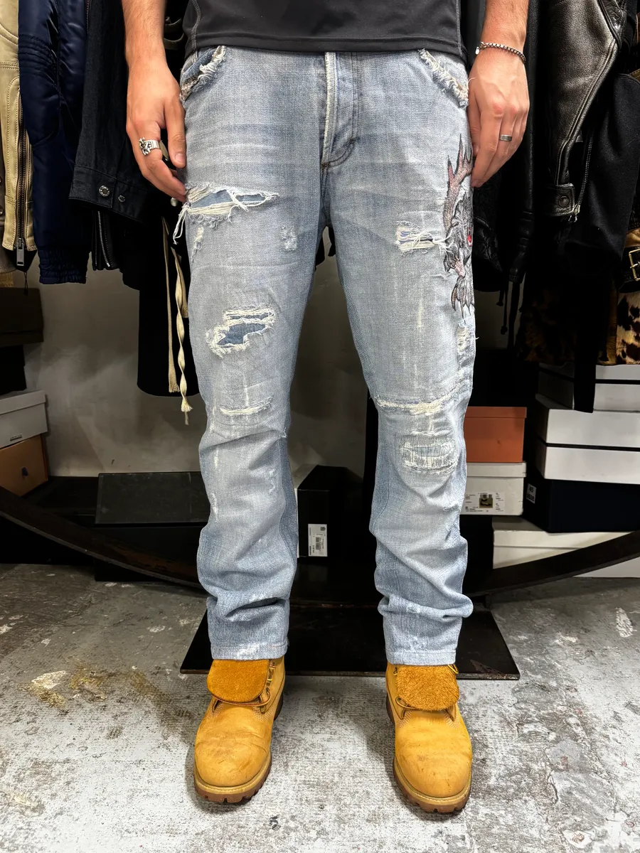 SS2007 Cavalli Blue Distressed Tiger Denim Jeans - Image 3