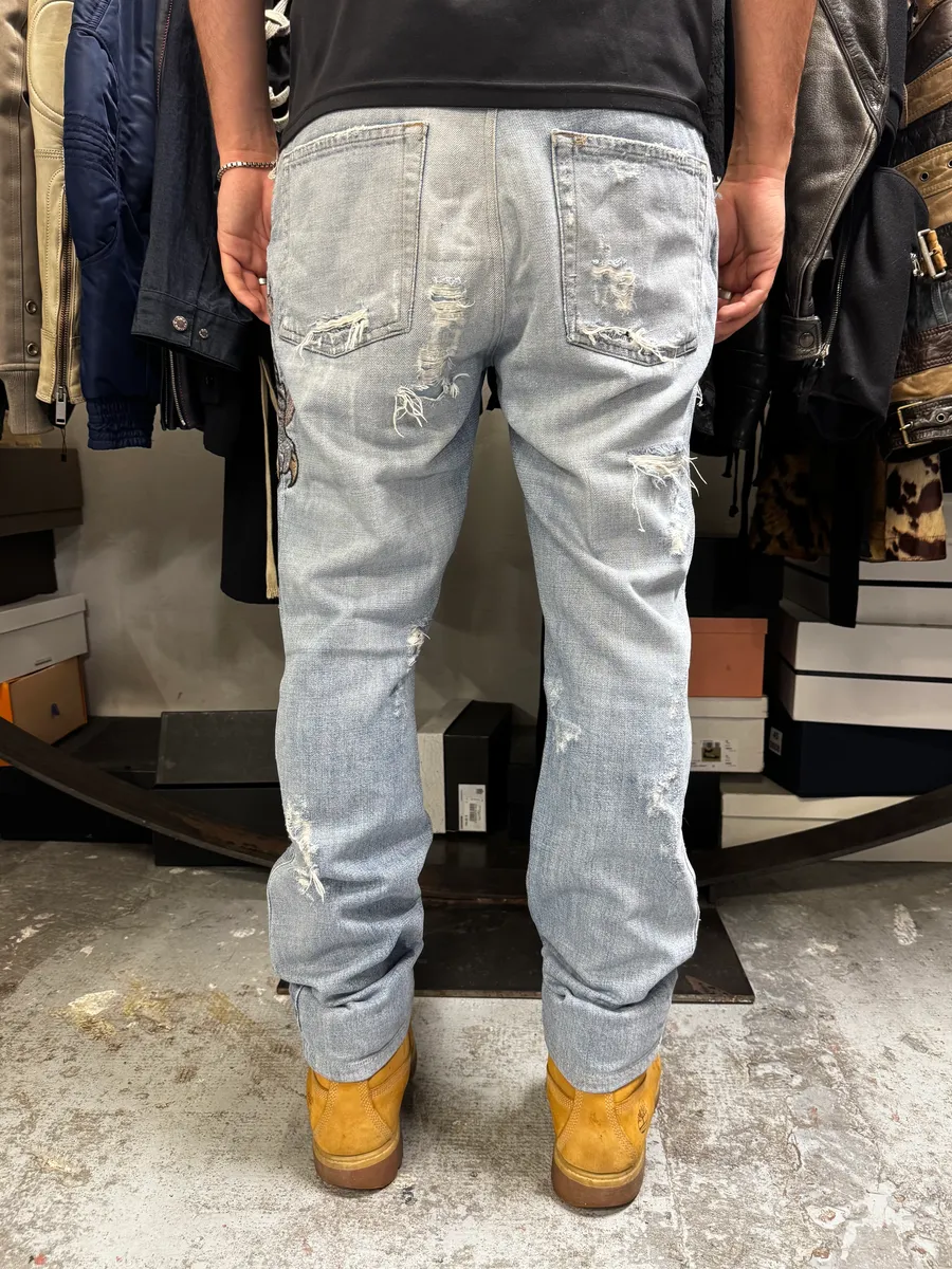 SS2007 Cavalli Blue Distressed Tiger Denim Jeans - Image 4
