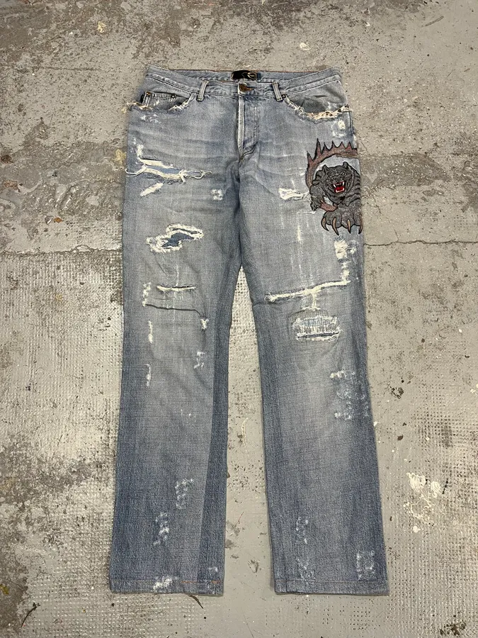 SS2007 Cavalli Blue Distressed Tiger Denim Jeans - Image 5