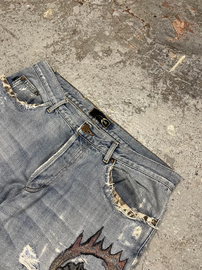 SS2007 Cavalli Blue Distressed Tiger Denim Jeans - Image 6